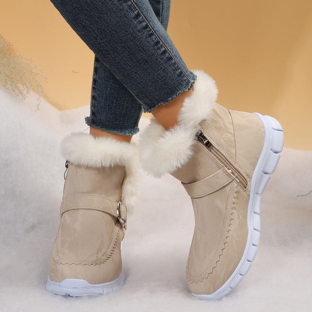 Damen nan gefütterte Kurzstiefel mit Kunstfellbesatz, Velourslederoptik, seitlichem Reißverschluss, dekorativer Metallschnalle und profilierter Lightweight-Sohle