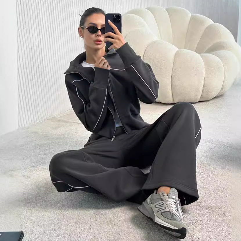 Damen nan zweiteiliges Sport-Loungewear-Set mit Stehkragen und Kontrastpaspel
