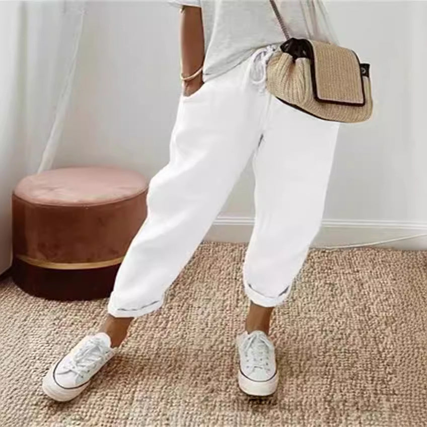 Damen nan legerer Leinen-Jogger mit Kordelzug, Eingrifftaschen und umgeschlagenem Saum