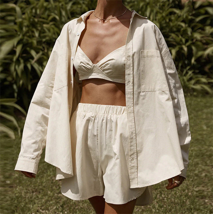 Damen nan Oversized Leinen-Hemd mit elastischem Bund Shorts Set