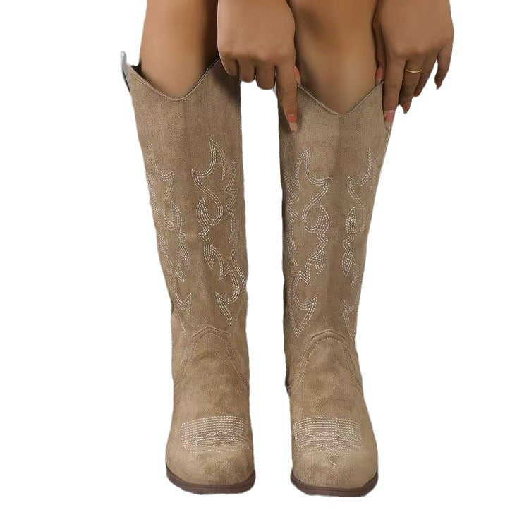 Damen nan Kniestiefel im Westernstil mit mittelhohem Blockabsatz seitlichem Reißverschluss und gesticktem Wildlederfinish
