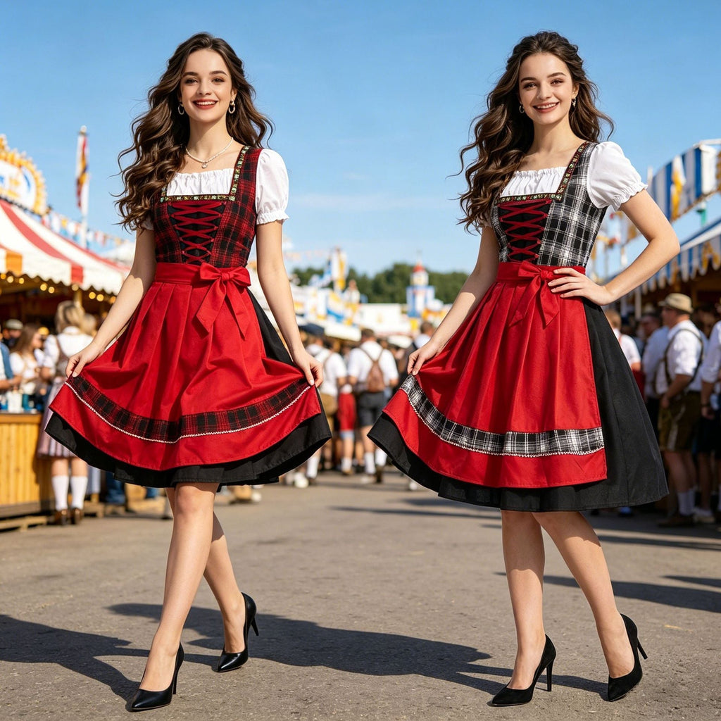 Damen nan traditionelles Dirndl Trachtenkleid mit geschnürtem Mieder und kurzem Puffärmel