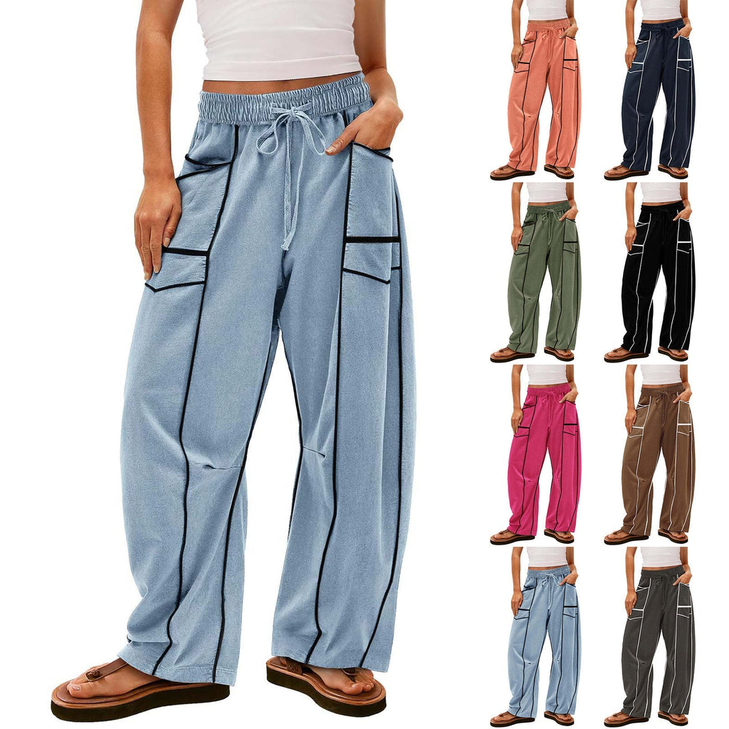 Damen nan weite Lounge-Hose mit Kordelzug, Kontrastpaspelierung und Cargo-Taschen
