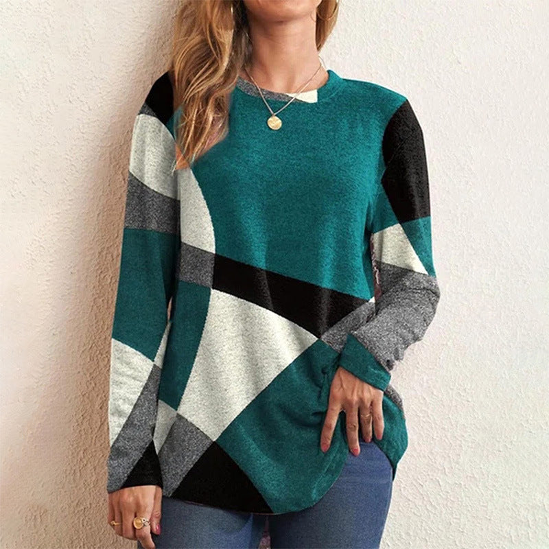 Damen nan Langarmshirt mit grafischem Print, Rundhalsausschnitt und geschwungenem Saum