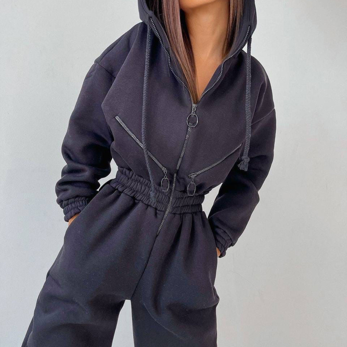 Damen nan kurzes Halbzip-Loungewear-Set mit elastischem Taillenbund und oversized Schnitt