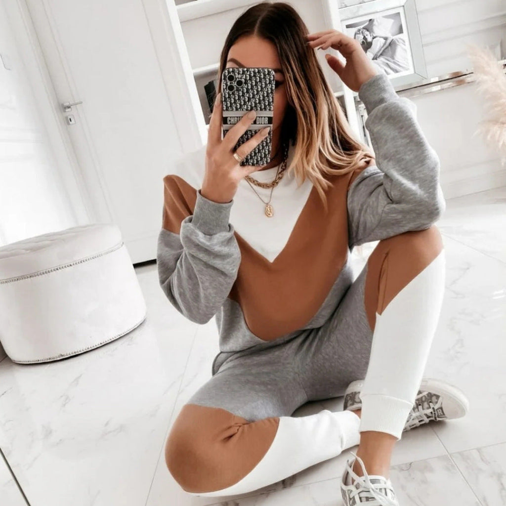 Damen nan sportives Colorblock-Sweatset mit Rundhalsausschnitt, Raglanärmeln und taillierter Jogginghose