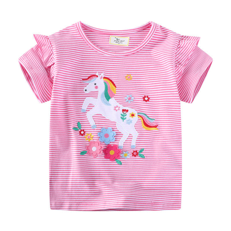 Mädchen T-Shirt mit zauberhaftem Einhorn-Motiv und Rüschendetail