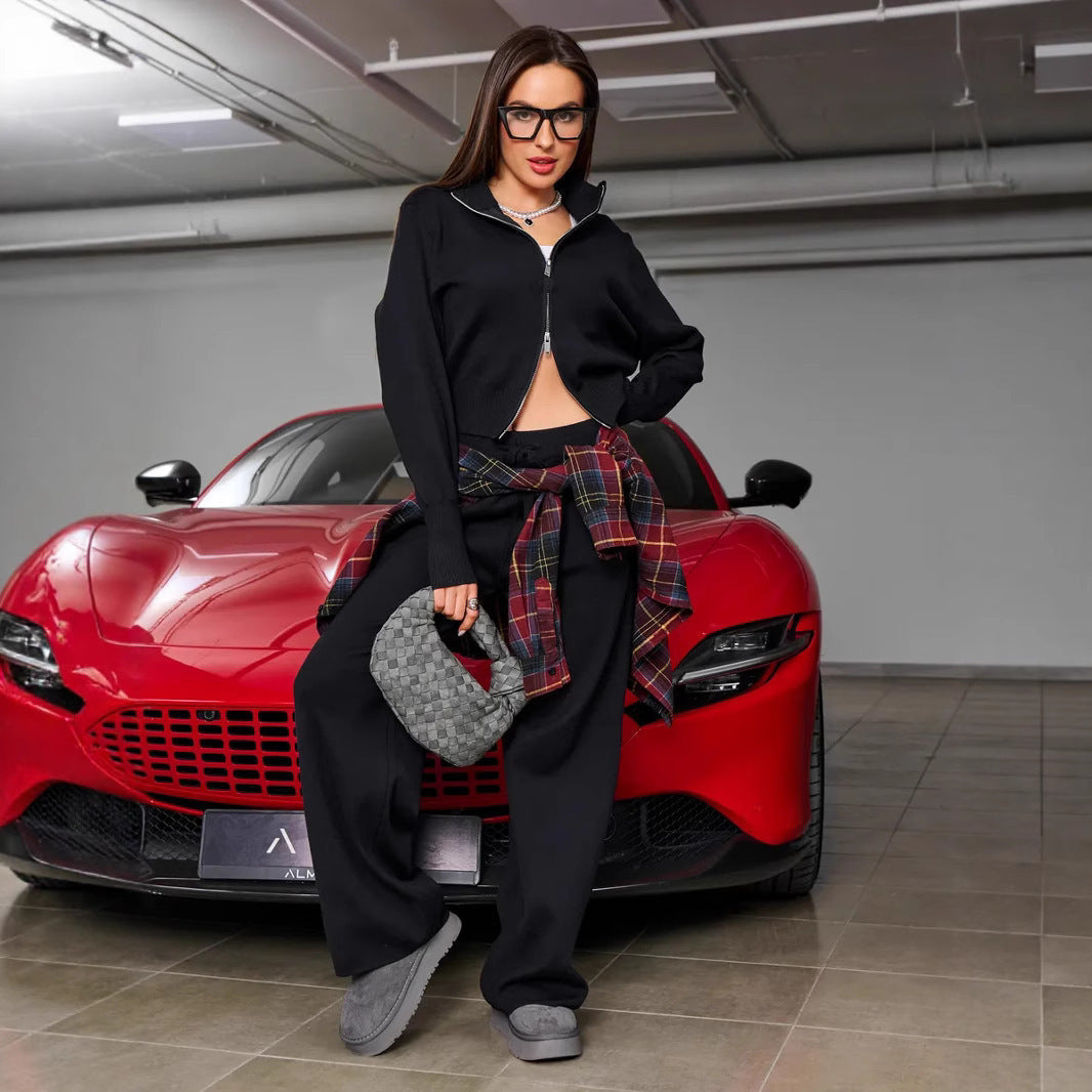 Damen nan gestricktes Loungewear-Zweiteiler mit kurzem Reißverschluss-Cardigan und weitem Highwaist-Hosenbein