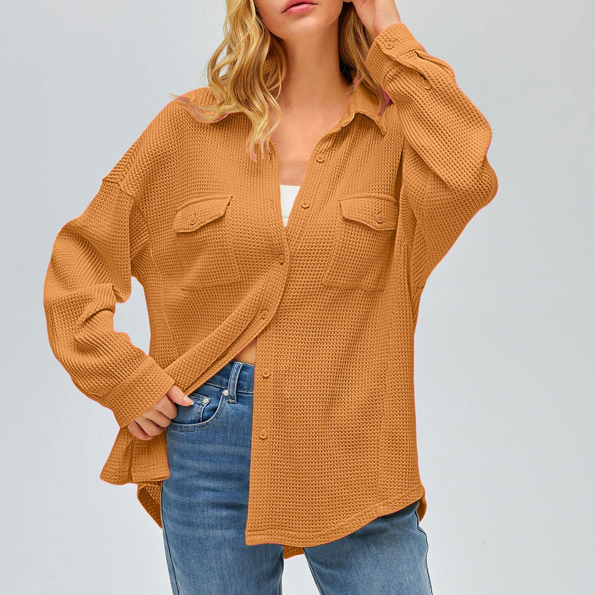 Damen nan oversized Waffelstrick Hemdjacke mit Brusttaschen und Knopfleiste