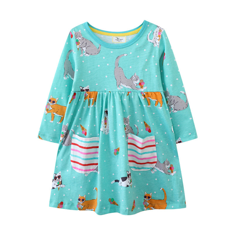 Mädchen Freizeitkleid mit verspieltem Katzenmotiv und praktischen Taschen