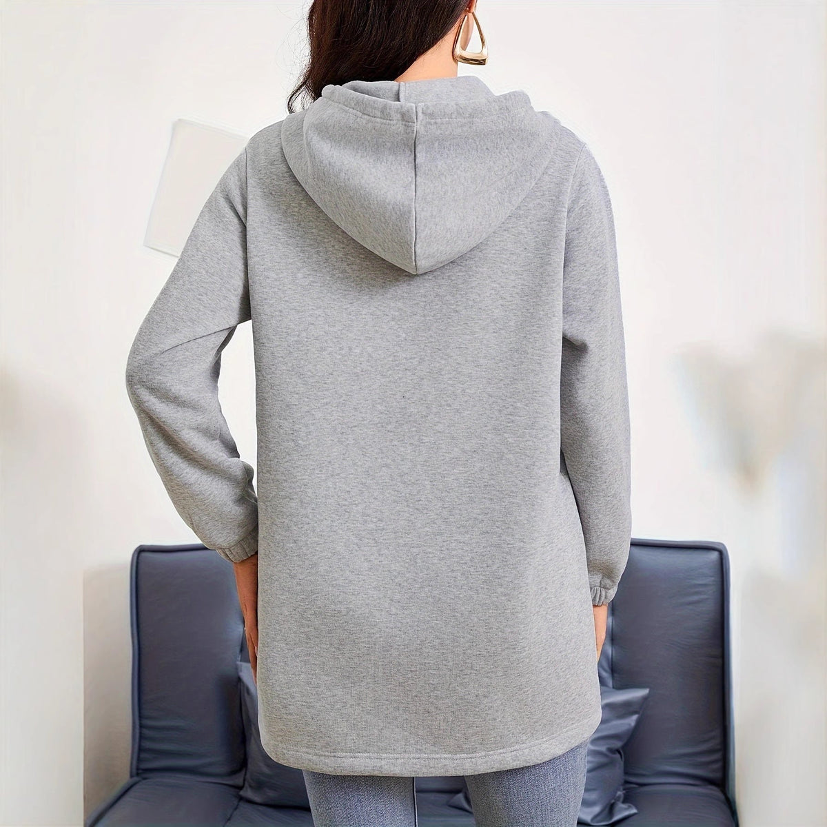Damen nan Longline-Kapuzenjacke mit durchgehendem Reißverschluss, Kängurutaschen und elastischen Bündchen