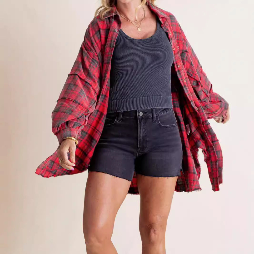 Damen nan oversized Karo-Überhemd mit Fransenbesatz, Brusttaschen und lockerer Passform