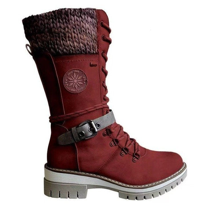 Damen nan hoher Schnürstiefel mit Strickbündchen, robuster Profilsohle und seitlichem Reißverschluss