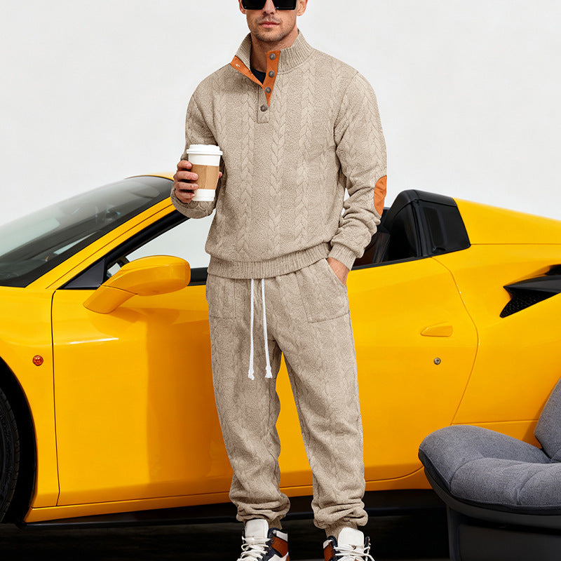 Herren nan Strick-Relax-Set mit Zopfmuster-Halbkragenpullover und Kordel-Jogger