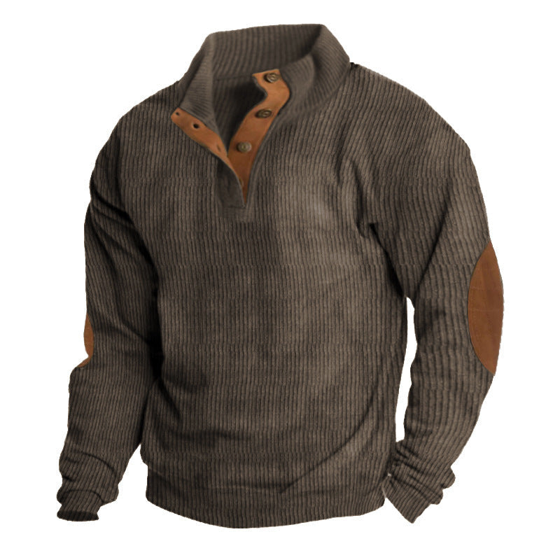 Herren nan rustikaler gerippter Pullover mit Henley-Kragen und lederartigen Ellbogenbesätzen