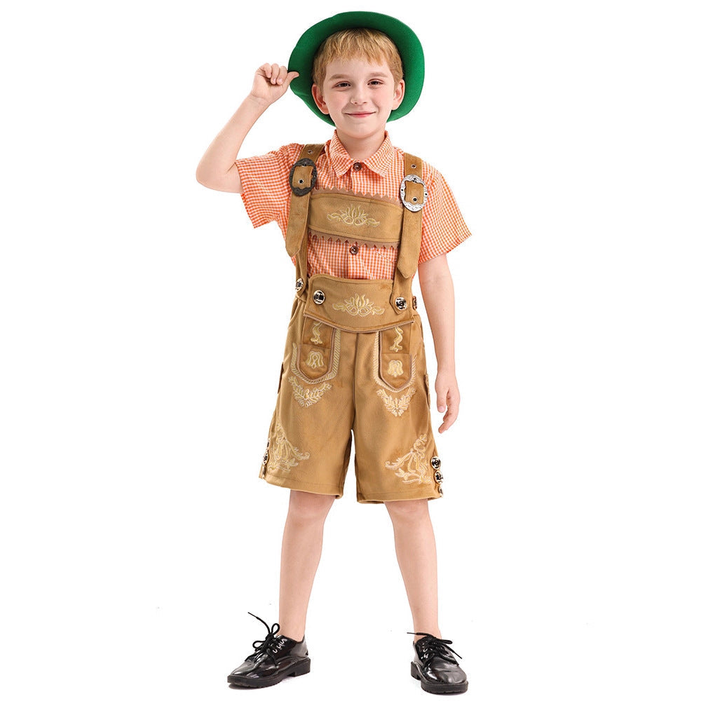 Herren nan traditionelle Kinderlederhose kurz mit aufwendiger Stickerei, Latztasche und verstellbaren Trägern