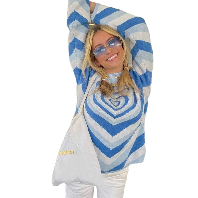 Damen nan oversized Strickpullover mit Herz-Intarsie und Chevron-Muster