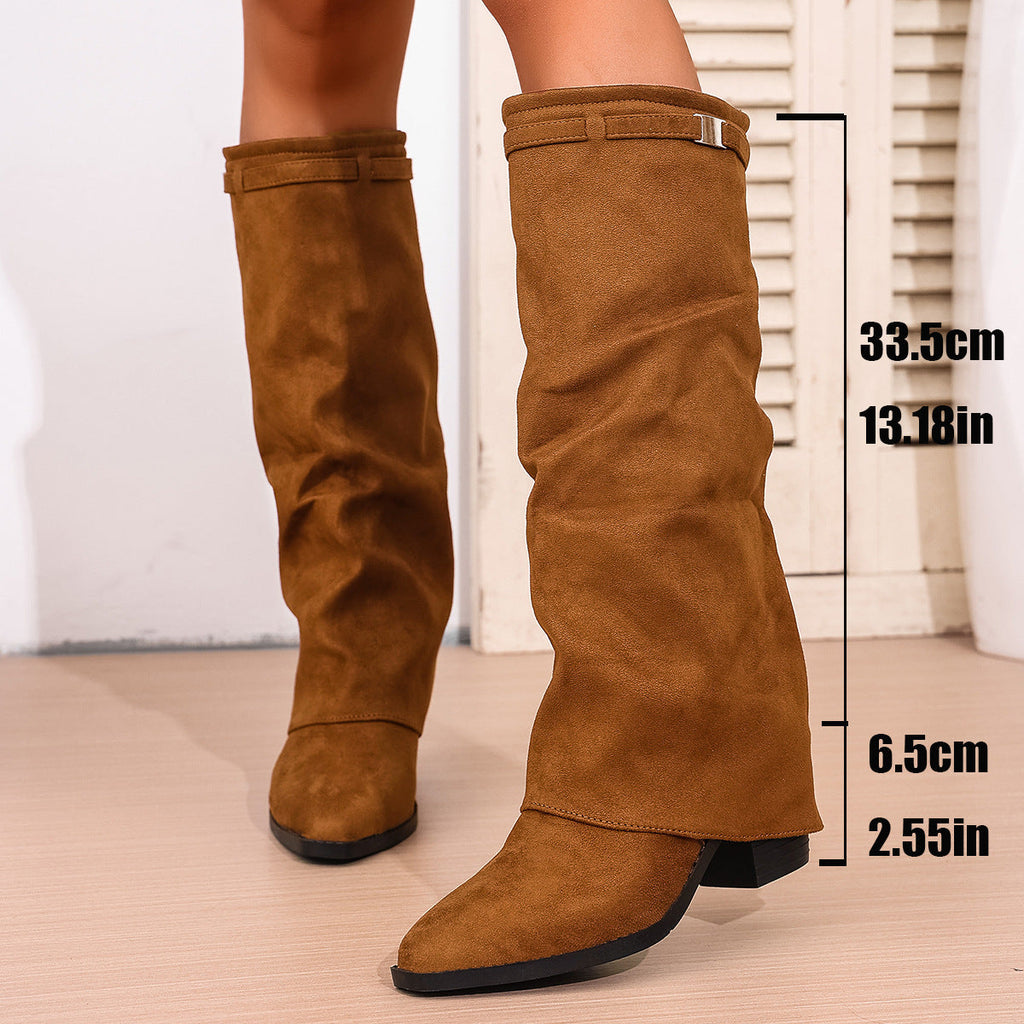 Damen nan knielange Slouch-Stiefel mit spitzer Zehenpartie und niedrigem Blockabsatz