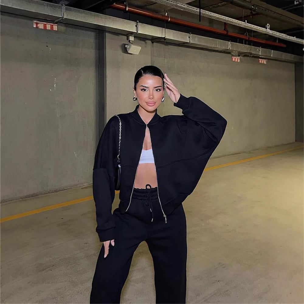 Damen nan Oversize Reißverschlussjacke mit weiter High-Waist Loungehose Set