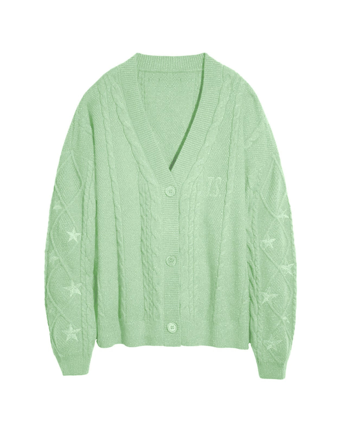 Damen nan großzügiger Grobstrick-Cardigan mit Zopfmuster, V-Ausschnitt und Sternstickereien