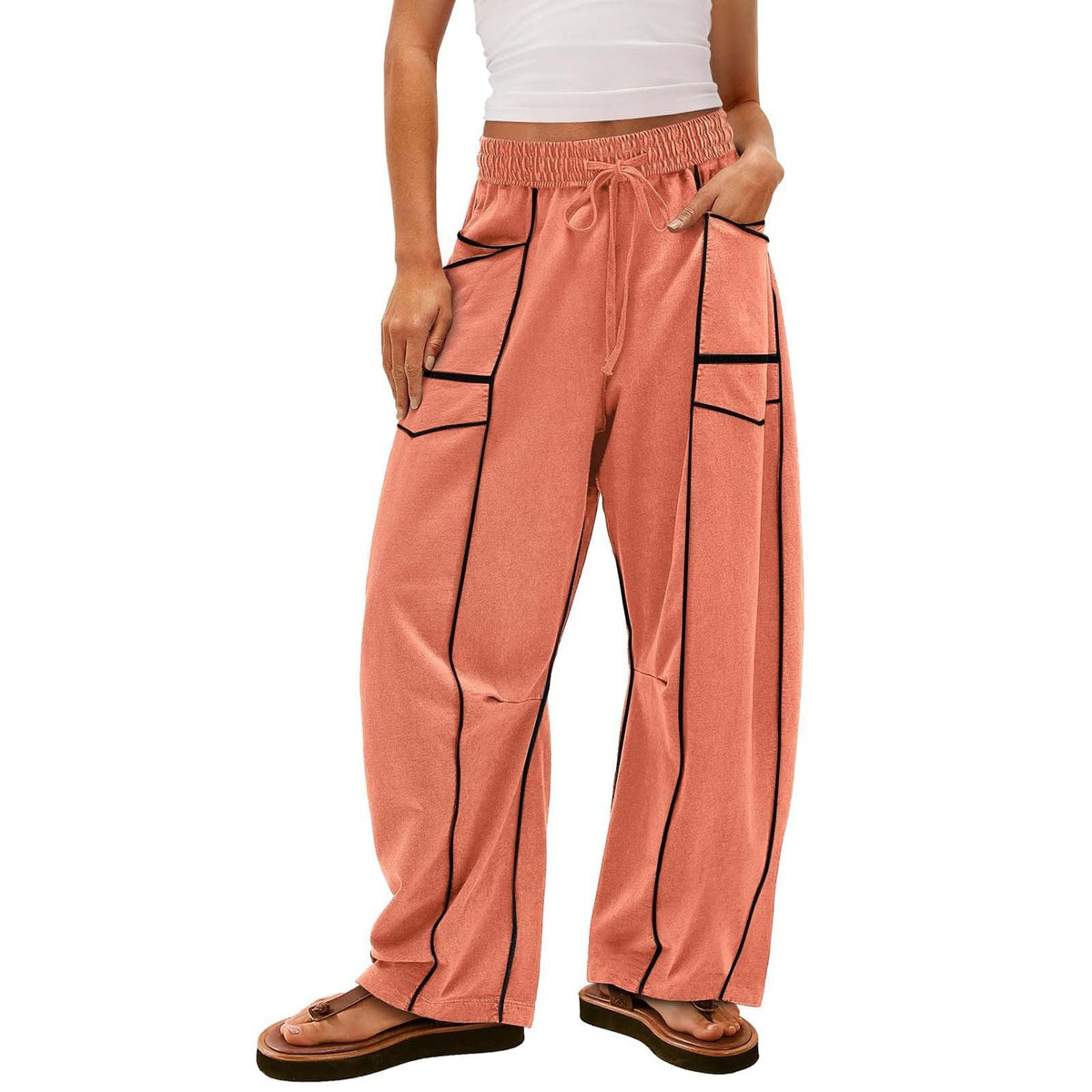 Damen nan weite Lounge-Hose mit Kordelzug, Kontrastpaspelierung und Cargo-Taschen