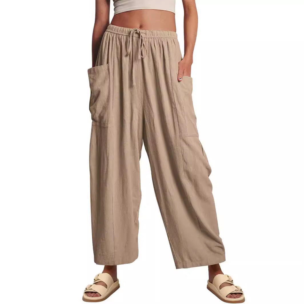Damen nan weite Palazzohose aus leichtem Leinenmix mit Tunnelzug und seitlicher Tasche