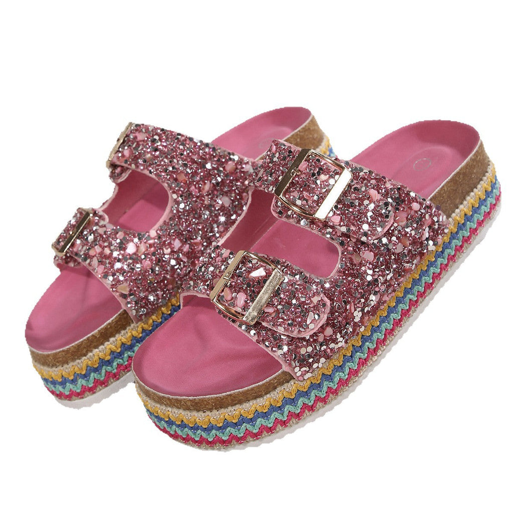 Damen Glitzernde Plateau-Sandalen mit Doppelschnalle und mehrfarbigem Boden Selmira