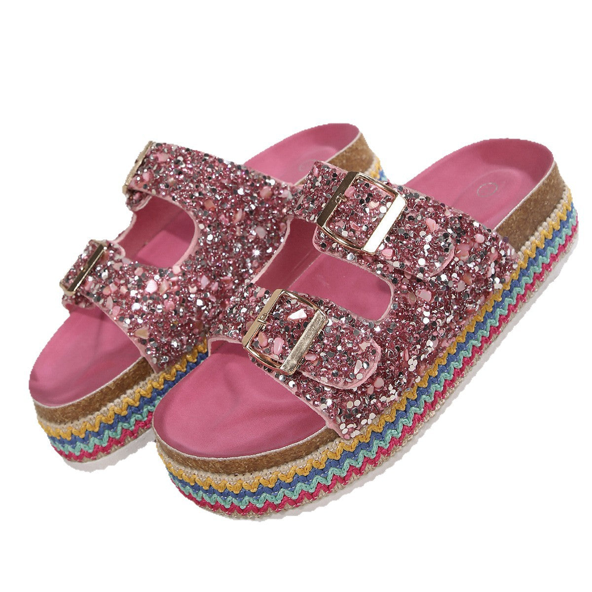 Damen Glitzernde Plateau-Sandalen mit Doppelschnalle und mehrfarbigem Boden Selmira