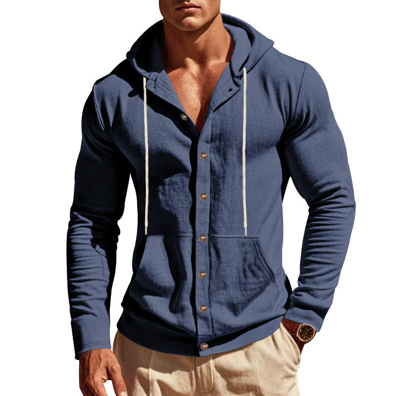 Herren nan figurbetonte Kapuzenhemd-Jacke aus Baumwollmix mit Druckknopfleiste und Kängurutasche