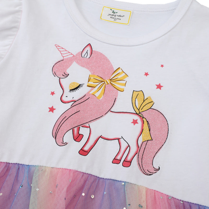 Mädchen Tüllkleid mit Einhorn-Applikation und buntem Glitzertüll