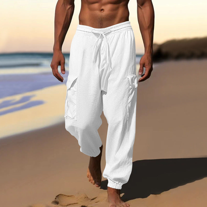 Herren nan luftige Leinen-Mix Strandhose mit Cargo-Taschen und elastischem Saum