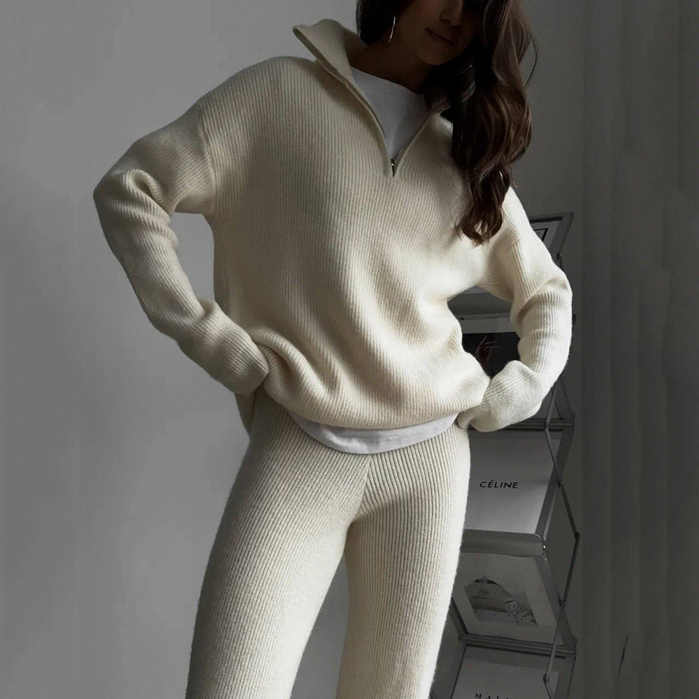 Damen nan geripptes Strick-Lounge-Set mit Halbzip-Pullover und hochgeschnittener Leggings