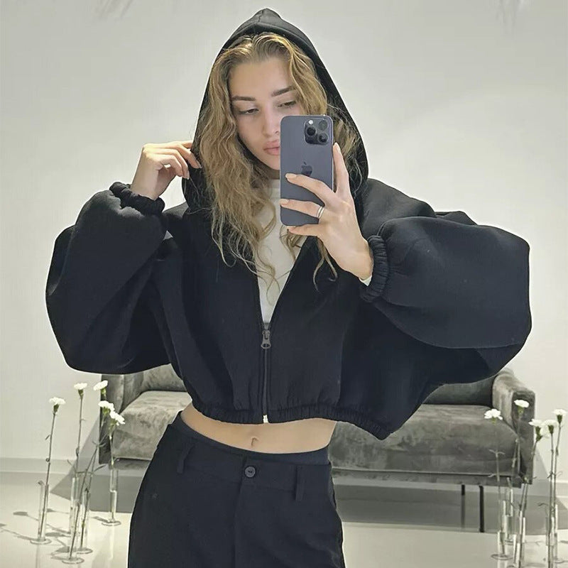 Damen nan oversized Kapuzenjacke kurz geschnitten mit elastischem Saum und Ballonärmeln