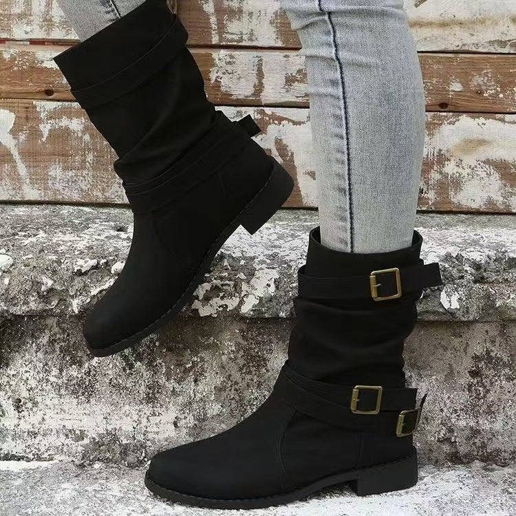 Damen nan lässiger mittlerer Schaftstiefel mit weichem Slouch-Effekt, dekorativen Schnallenriemen und robustem Blockabsatz