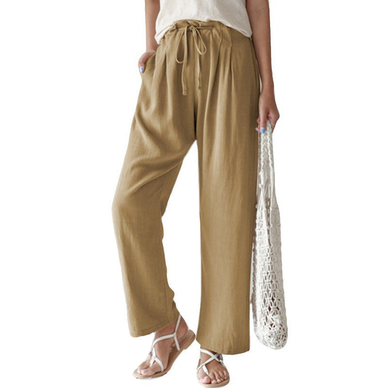 Damen nan lässige Leinenhose mit weitem Bein, elastischem Bund und Seitentaschen