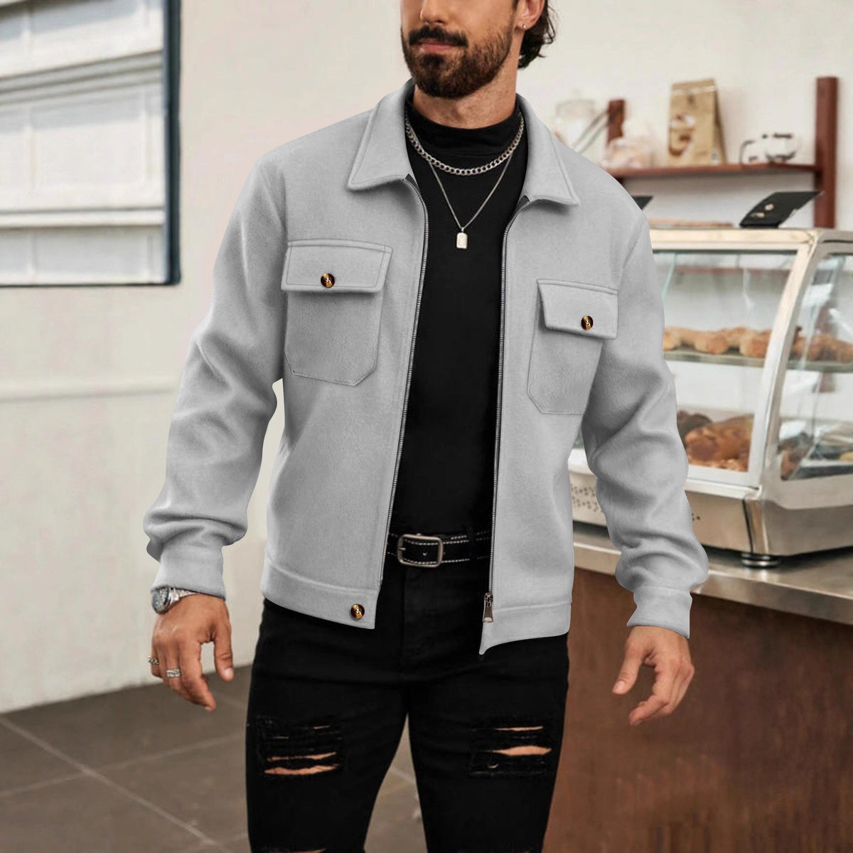Herren nan CPO-inspiriertes Overshirt-Jacke mit aufgesetzten Brusttaschen und Reißverschluss