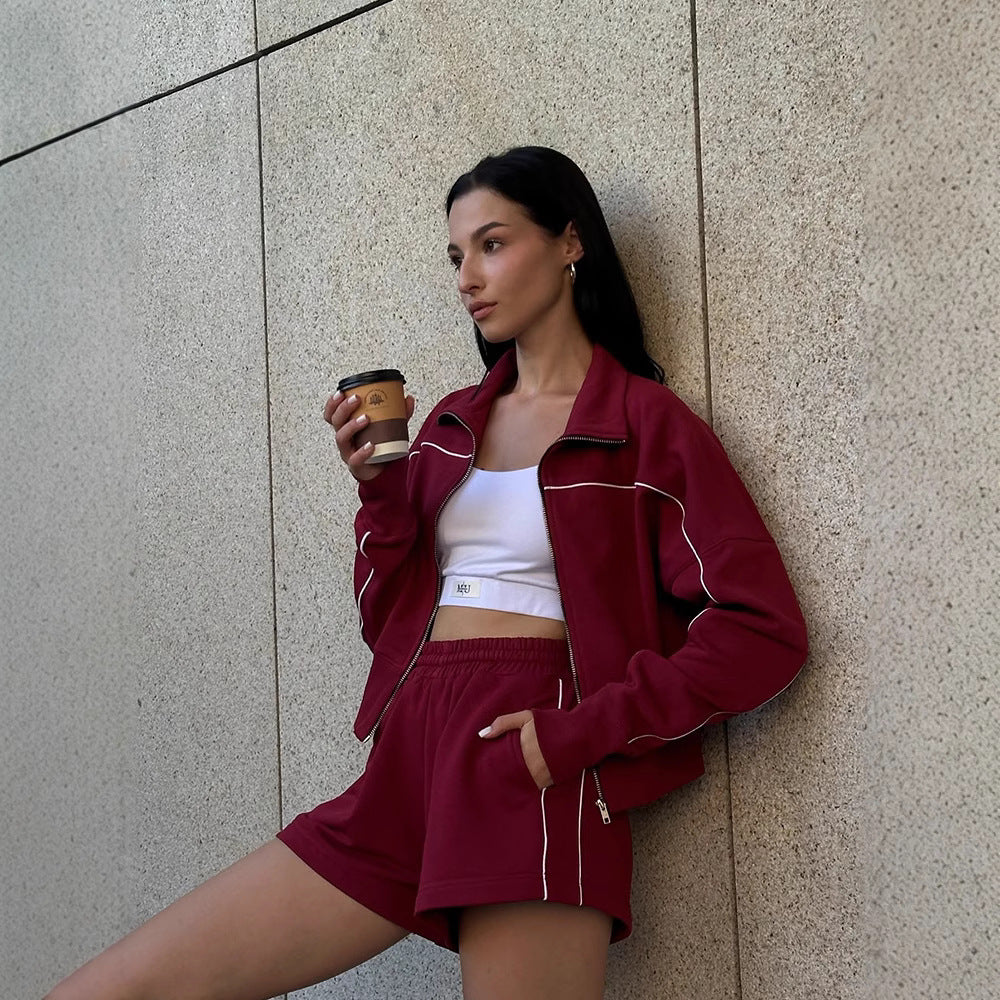 Damen nan athletischer Zweiteiler mit formendem Sportbustier, taillierter Highwaist-Sweatshorts und Zip-Hoodie