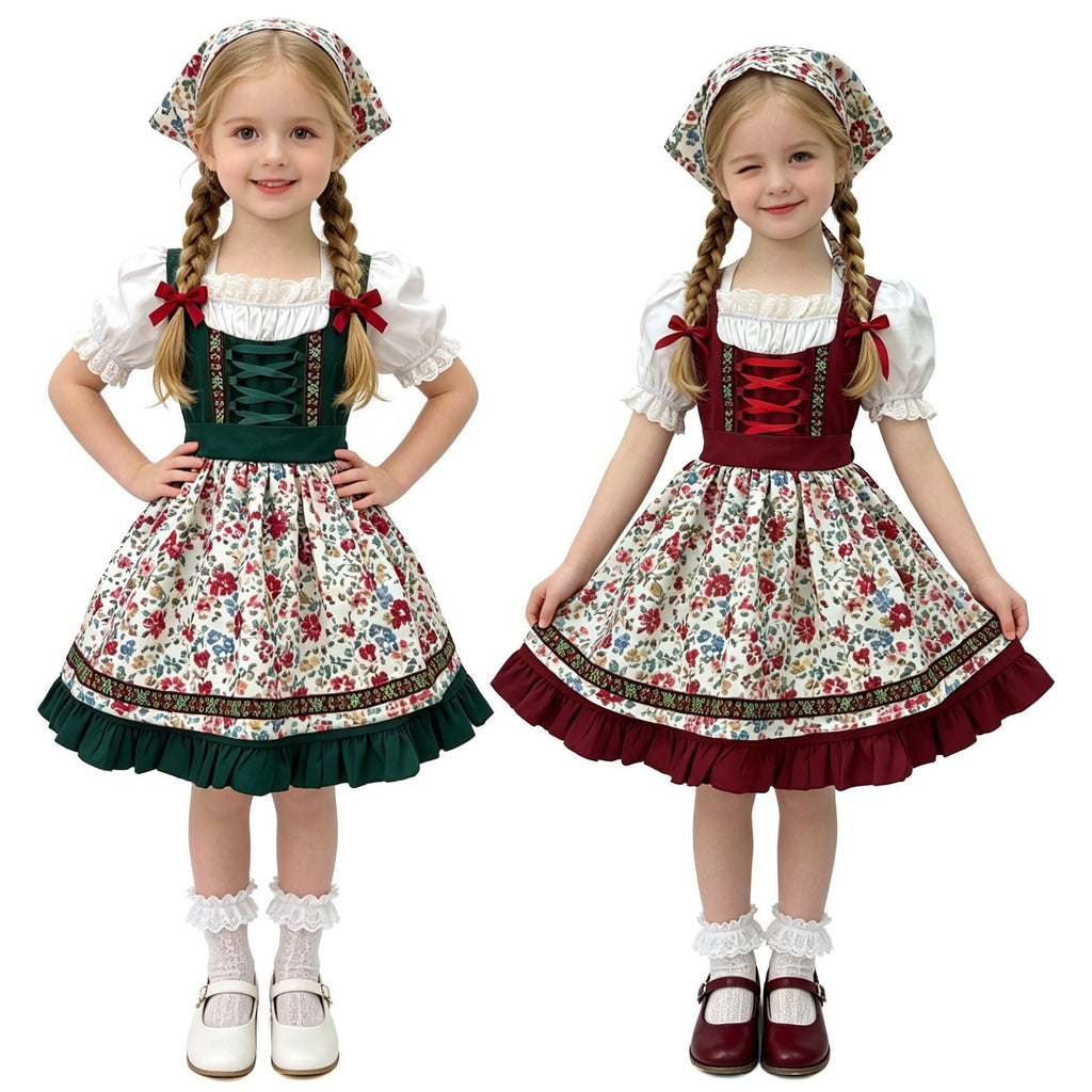 Damen nan traditionelles Kinderdirndl mit Schürze Haarband Spitzenbluse und Zierschnürung