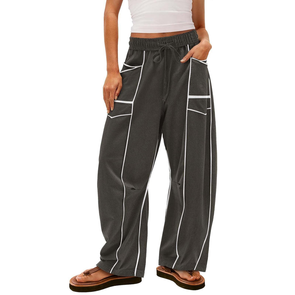 Damen nan weite Lounge-Hose mit Kordelzug, Kontrastpaspelierung und Cargo-Taschen