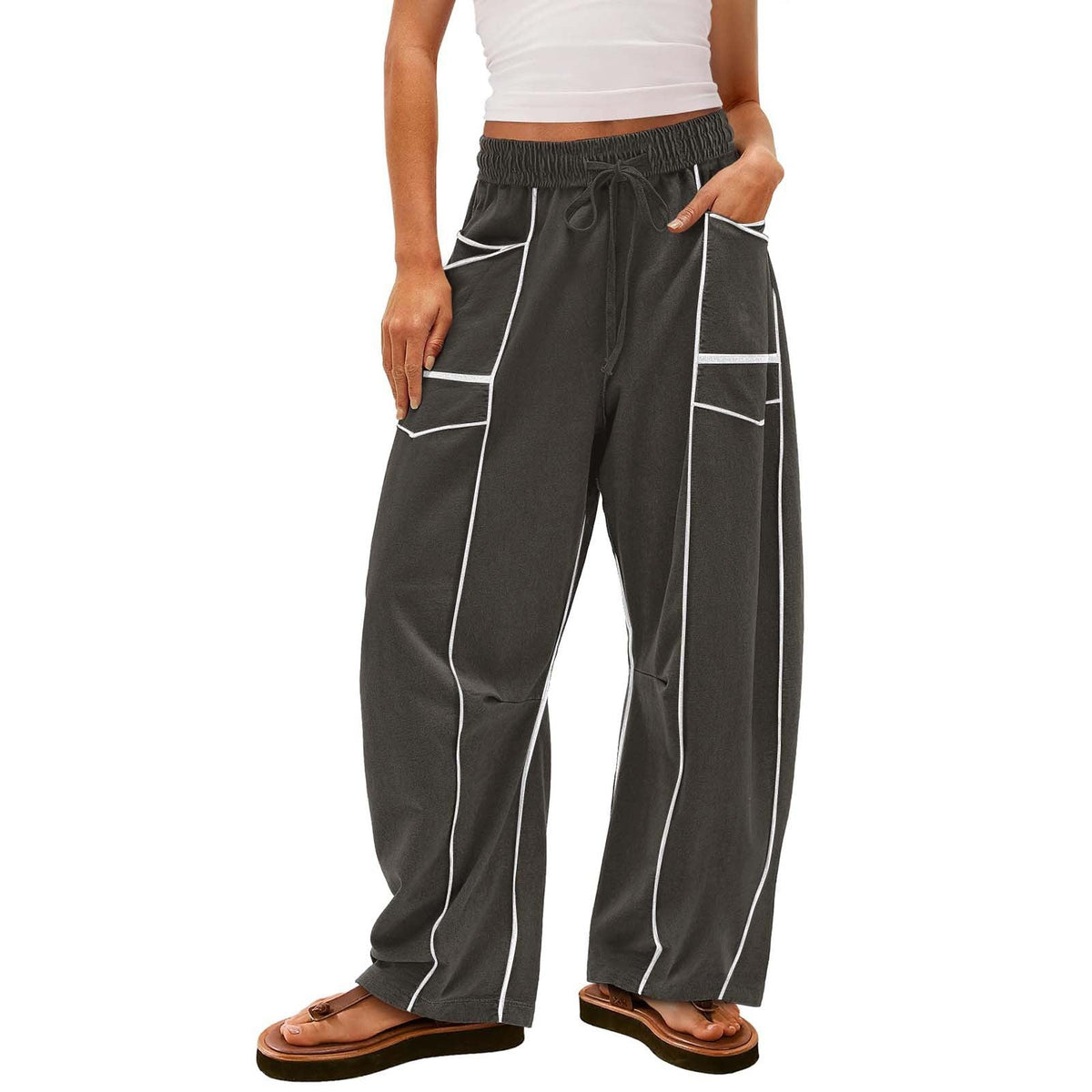 Damen nan weite Lounge-Hose mit Kordelzug, Kontrastpaspelierung und Cargo-Taschen