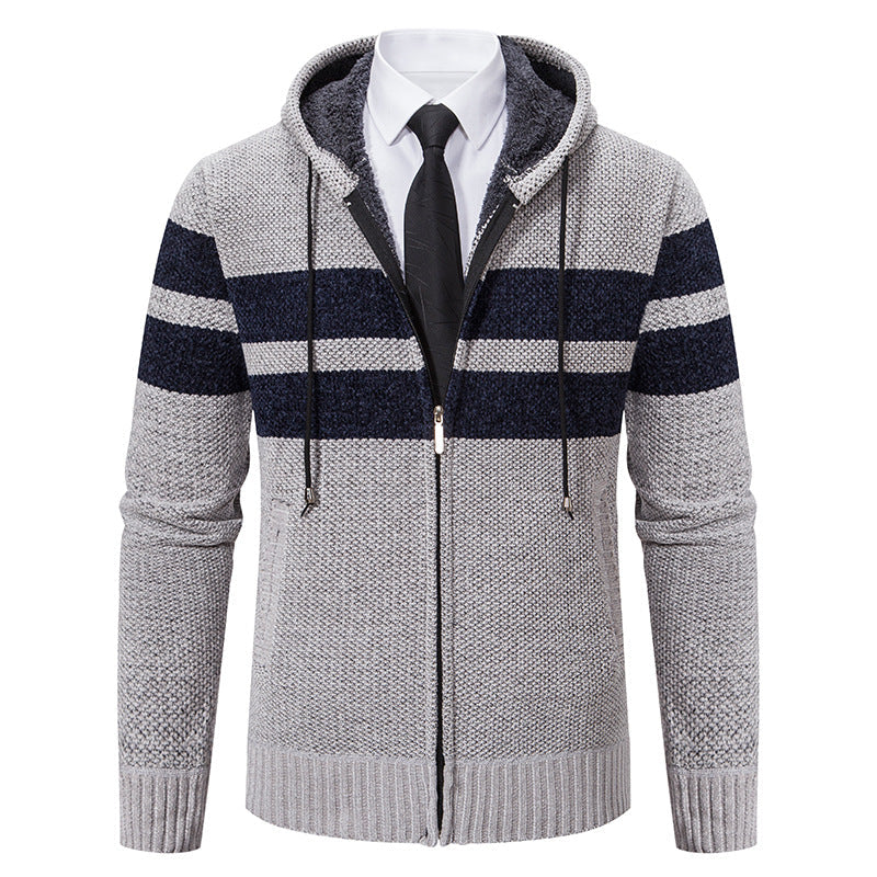 Herren nan gestrickte Kapuzenjacke mit Teddyfutter, verdecktem Reißverschluss und kontrastreifen