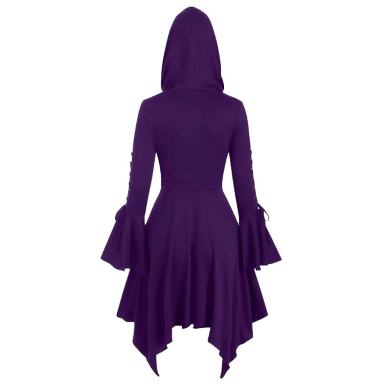 Damen nan Kapuzen-Mantelkleid mit asymmetrischem Zipfelsaum und geschnürten Glockenärmeln