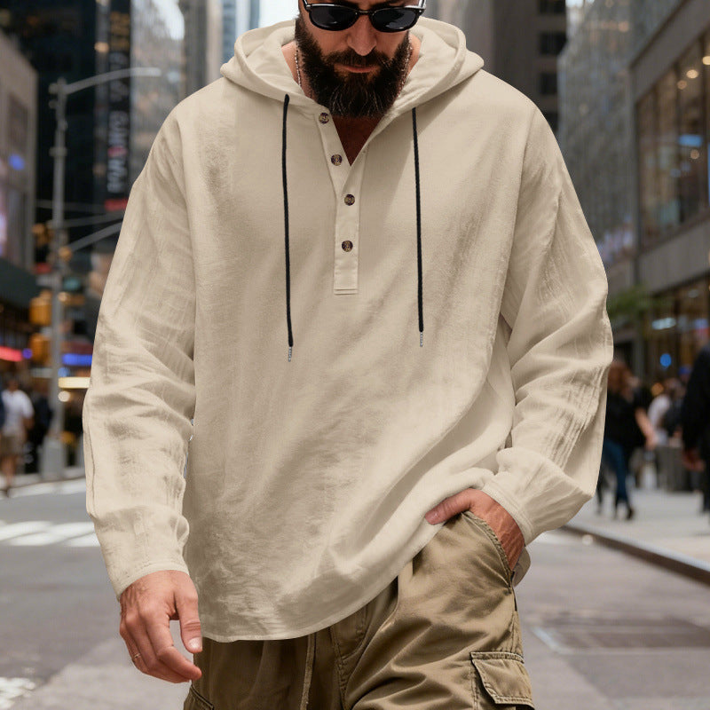 Herren nan Henley-Kapuzenpullover mit Knopfleiste und verstellbarem Kordelzug