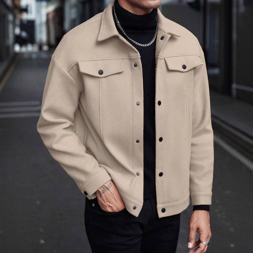 Herren nan Wolloptik-Overshirt Jacke im Shacket-Stil mit Brustklappen und Druckknopfleiste