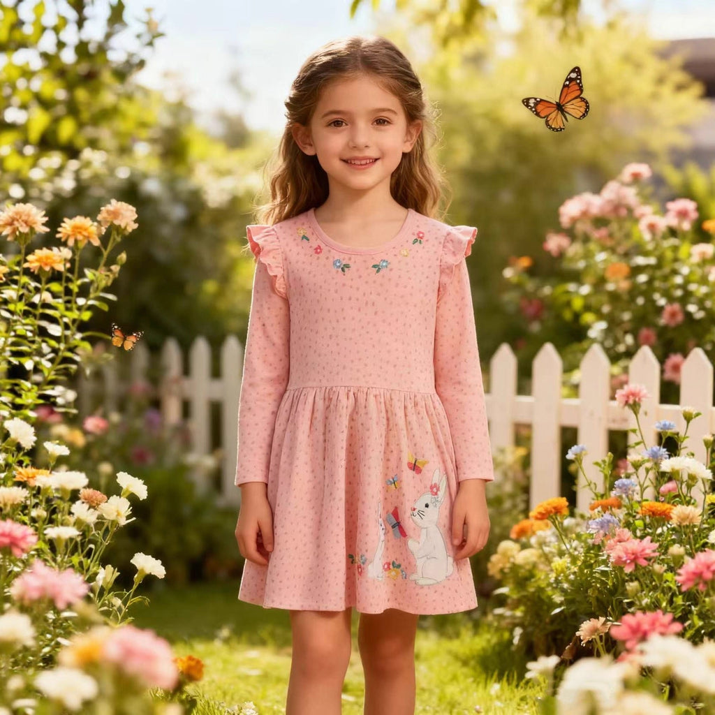 Mädchen Langarmkleid mit niedlichen Hasen- und Blumenapplikationen