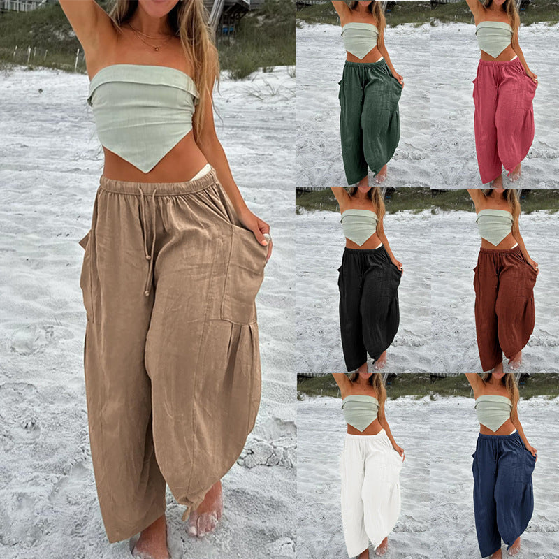 Damen nan weite Palazzohose aus leichtem Leinenmix mit Tunnelzug und seitlicher Tasche
