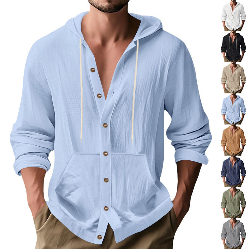 Herren nan figurbetonte Kapuzenhemd-Jacke aus Baumwollmix mit Druckknopfleiste und Kängurutasche