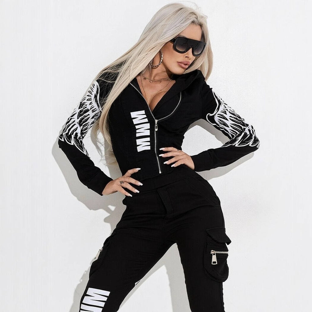 Damen nan stylisches zweiteiliges Kapuzen-Set mit tailliertem Reißverschluss-Hoodie und Cargo-Jogginghose