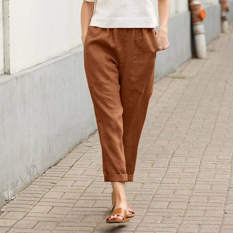 Damen nan leichte Leinenhose mit elastischem Bund, seitlichen Eingrifftaschen und gekrempeltem Saum