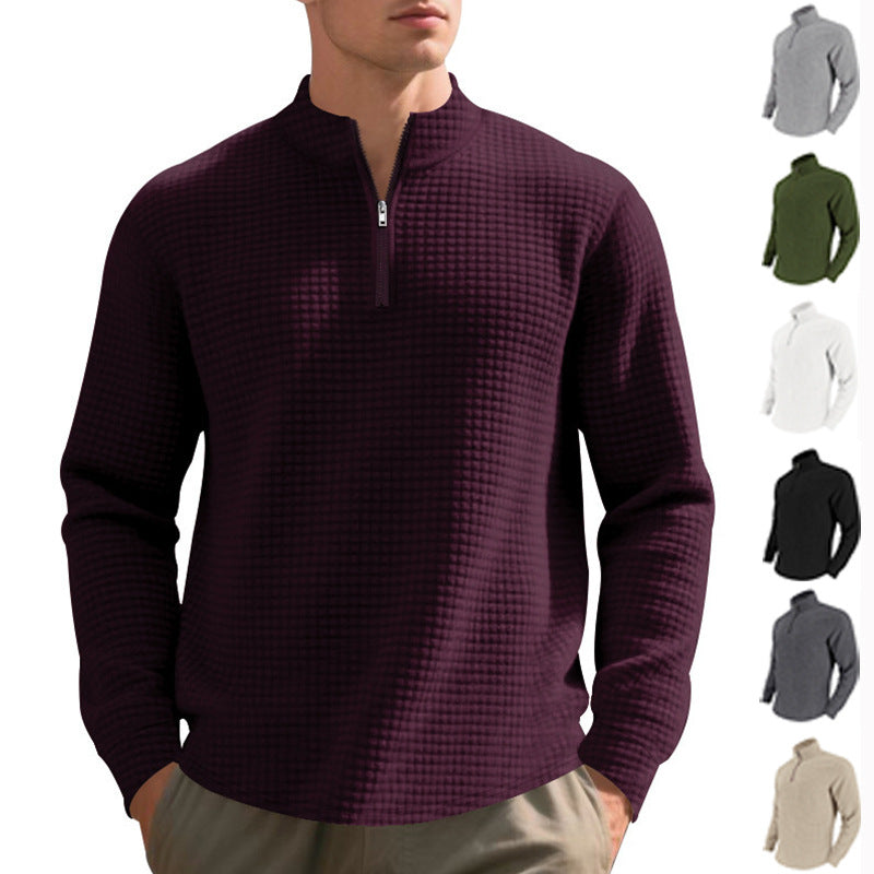 Herren nan leichtes Waffelstrick-Halbzip-Pullover mit Stehkragen und atmungsaktivem Baumwollmix